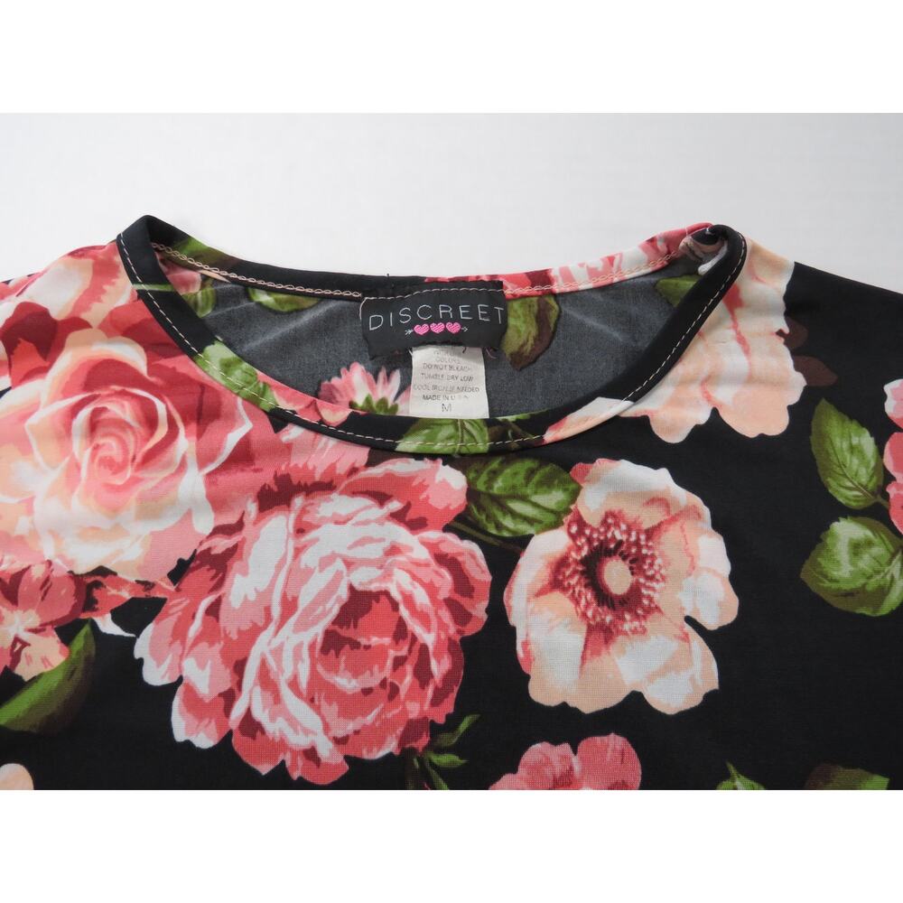 Vintage Discreet Women's M Sheer Top Black Pink Roses USA Floral Whimsical - Picture 3 of 8